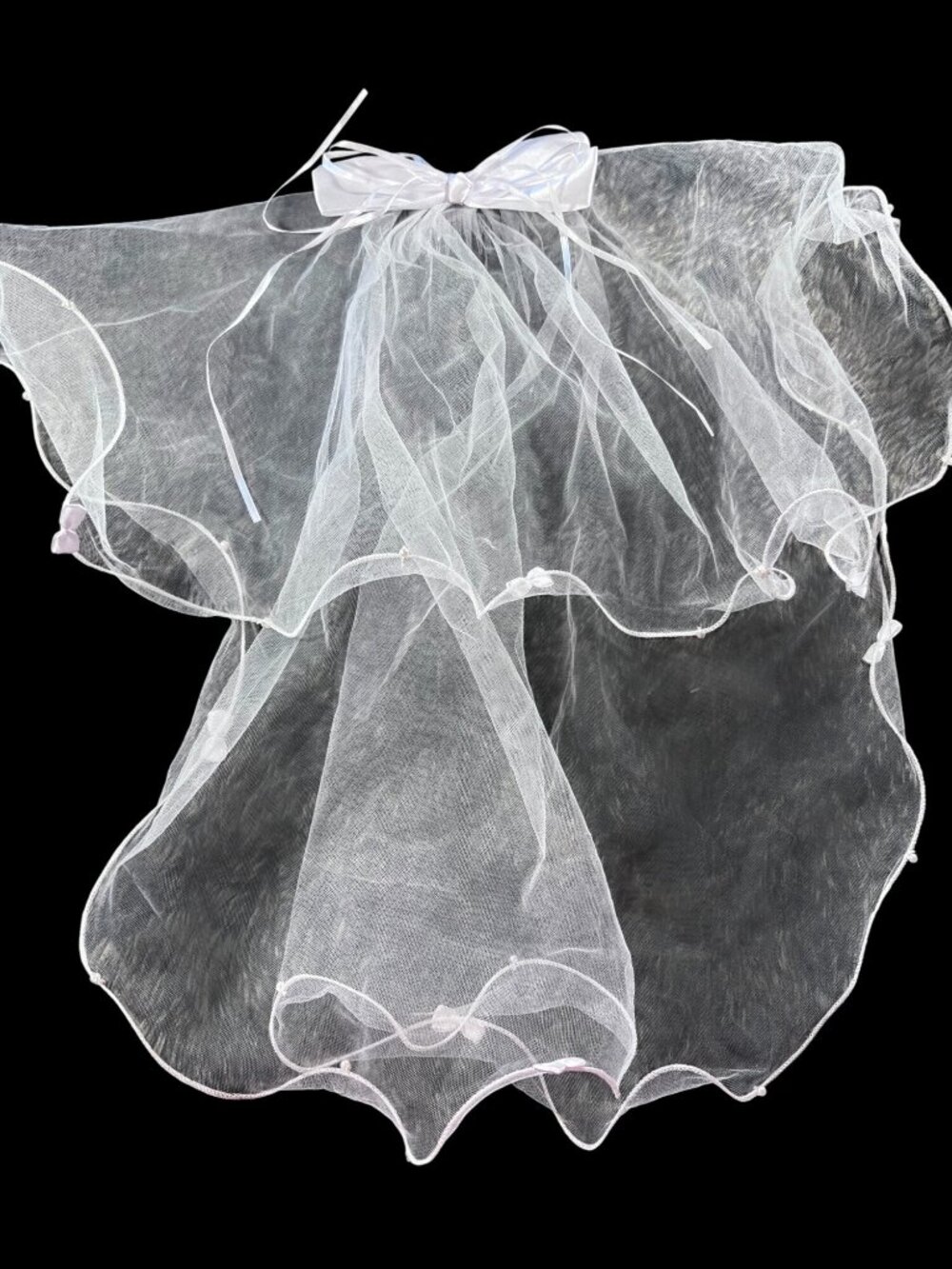 White Sheer Bow Hair Veil With‎ Satin Accents & Pearled Trim